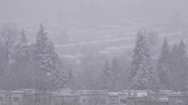 Top shot da vista da montanha da cidade no frio nevasca neve dia de inverno — Vídeo de Stock