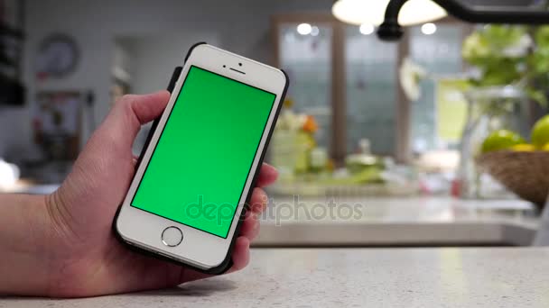 Femme tenant écran vert iphone avec salle à manger floue à l'intérieur magasin Ikea — Video