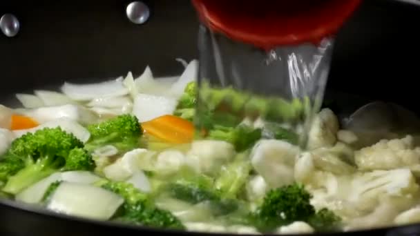 Крупным планом женщина готовит пельмени суп и заливает воду в сковородку — стоковое видео