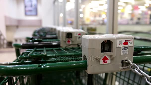 Rij van lege shopping carts met vervagen mensen voedsel binnen kopen laag voedsel supermarkt winkelen — Stockvideo