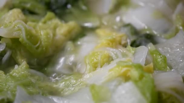 烹饪蔬菜汤在煎锅中的女人的特写 — 图库视频影像