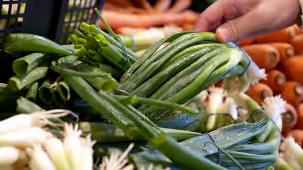 Movimiento de la mujer seleccionando cebolla verde en el departamento de productos de la tienda de comestibles — Vídeos de Stock