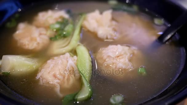 Movimento de sopa de wonton com vapor — Vídeo de Stock