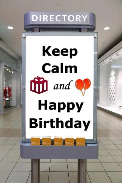 Ruhe bewahren und Happy Birthday Schild im Einkaufszentrum — Stockfoto