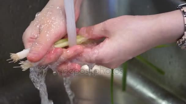 Mouvement lent de la femme laver l'oignon vert dans l'évier de cuisine sous l'eau du robinet — Video