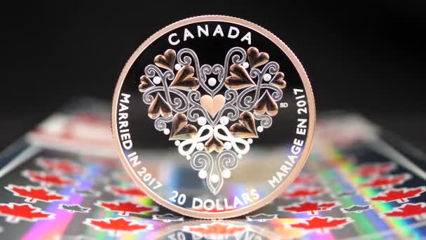 Motion of married in 2017 twenty dollars coin on maple leaf scratch lottery ticket — Stock Video