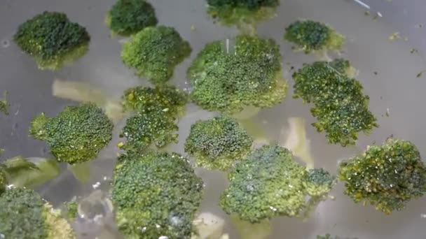 Zeitlupe von Brokkoli, der ins Wasser fällt — Stockvideo