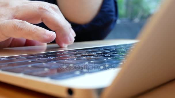 Movimento Mulher Jogando Macbook Site Navegação Dentro Restaurante Metrô — Vídeo de Stock