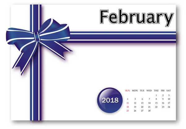 Februari 2018 - kalender serie met cadeau lint ontwerp — Stockfoto