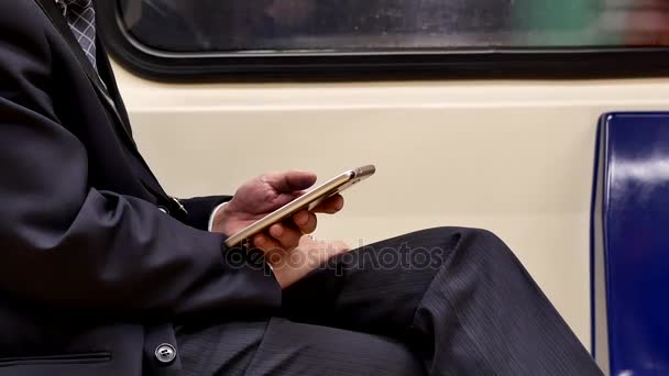 Motion Businessman Wearing Suit Playing Phone While Taking Mrt Taipei — Stock Video