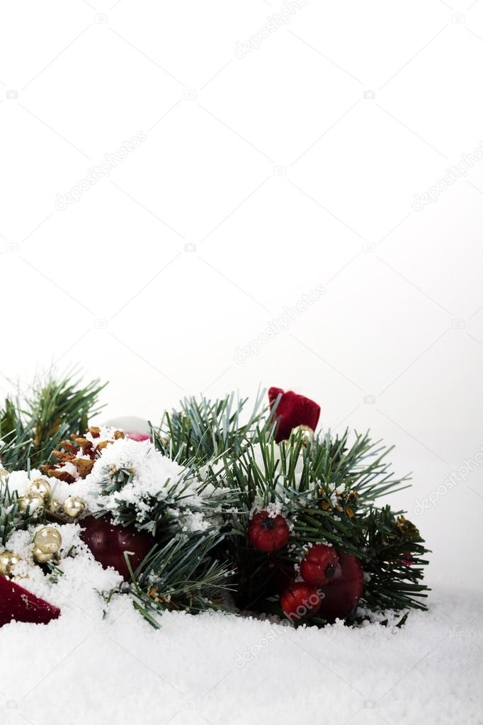 Chrismas decorations on white snow for background