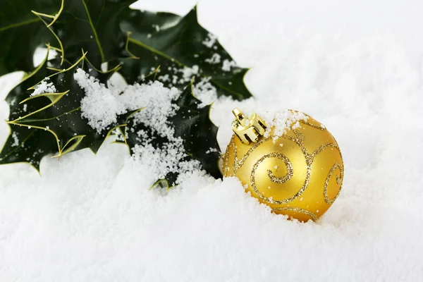 Décorations de Noël avec houx sur neige blanche — Photo