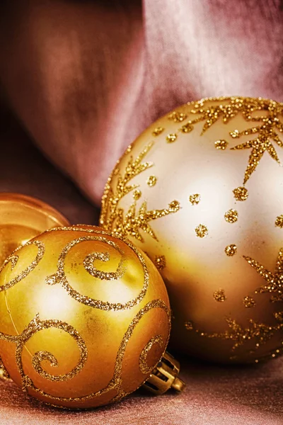 Festive gold Christmas decorations on fabric background HDR Filt — Stock Photo, Image