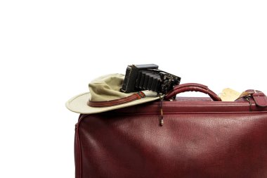 Eski kahverengi deri bavul seyahat için hazır