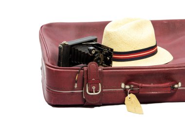 Eski kahverengi deri bavul seyahat için hazır