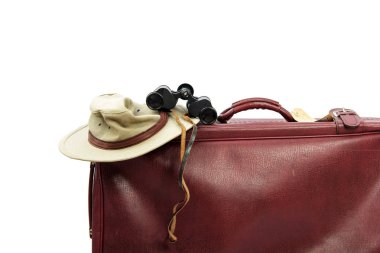 Eski kahverengi deri bavul seyahat için hazır