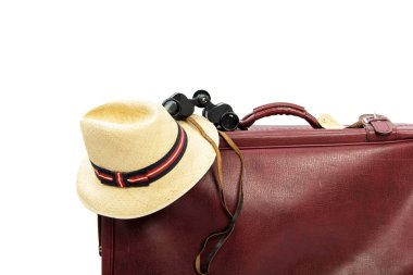 Eski kahverengi deri bavul seyahat için hazır