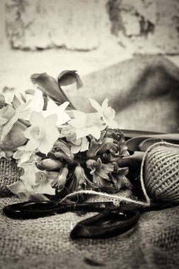 Rustik bir arka plan bahar çiçek aranjmanı