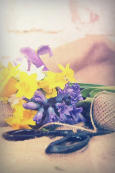 Arranjo de flor de primavera contra um fundo rústico — Fotografia de Stock