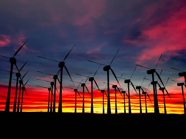 Black Wind Turbines Veld Een Zonsondergang Achtergrond Moment Van Avond — Stockfoto