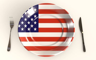Standart Amerikan Diyet Diyet 3D bir plaka, bir bıçak, bir Ford ve Amerikan bayrağı ile hazırlanmış bir kavram.