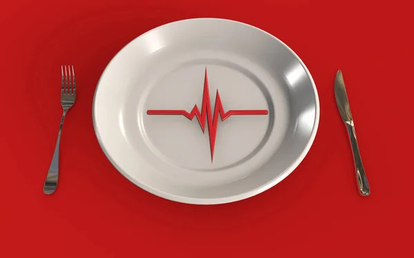 プレートの心臓の健康の食事の概念のパルス記号3Dは 赤の背景に孤立レンダリング — ストック写真