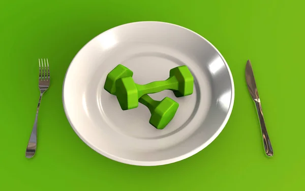 緑の背景に隔離された3Dレンダリングの概念を食べるのではなく ハードトレーニング — ストック写真