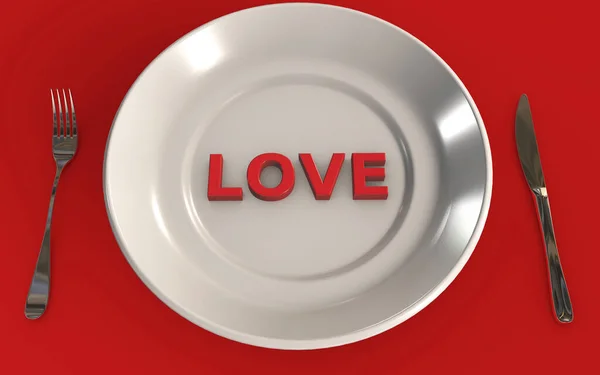 Jídlo Láska Připojení Při Jídle Vykreslení Koncepce Izolované Červeném Pozadí — Stock fotografie
