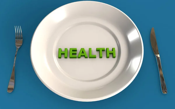 Egészséges Étkezési Koncepció Zöld Betűkkel Egy Tányéron Elszigetelt Kék Háttér — Stock Fotó