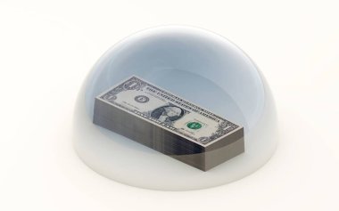 Beyaz bir kubbe altında korunan üç boyutlu banknot yığını.