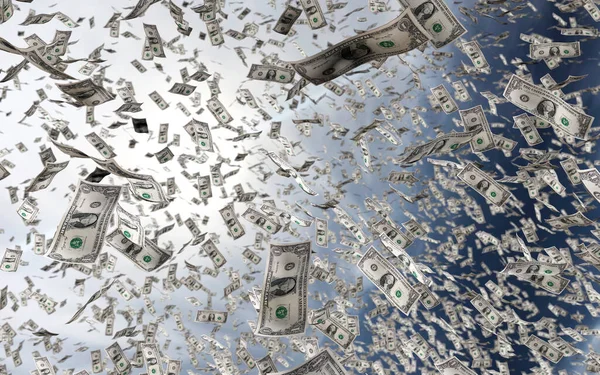 3d rendering of money us dollars falling or raining from the sunny bright blue sky