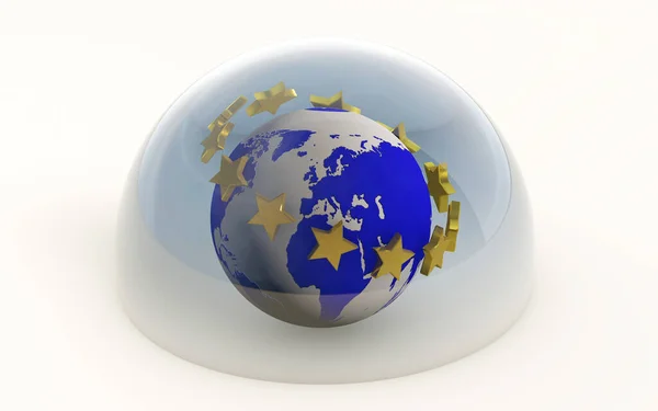 3D渲染的欧洲联盟与金星保护下的玻璃穹顶隔离在白色 — 图库照片