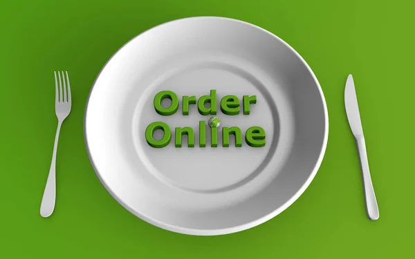 Rendering Ordering Food Online Concept Dining Set Green Background — Stock Photo, Image