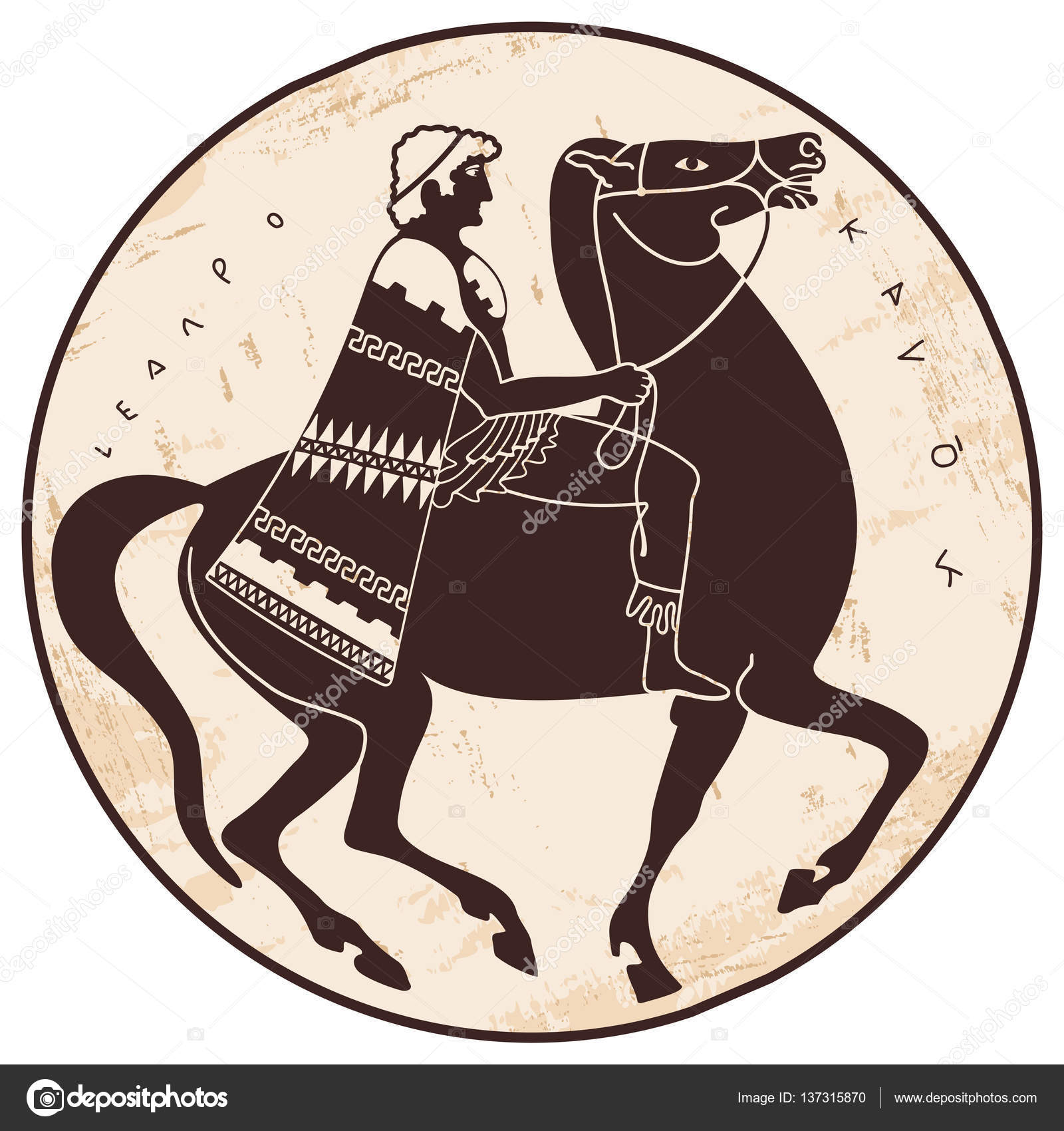 Disegno di stile greco Soldato in uniforme con un mantello che monta un cavallo — Vettoriali di migfoto