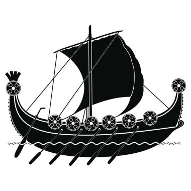 Viking gemisi ile kürek ve kalkanlar.