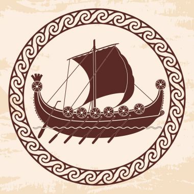 Viking gemisi ile kürek ve kalkanlar.