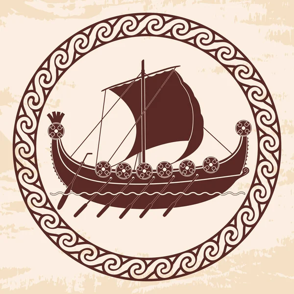 Nave vikinga con remos y escudos . — Archivo Imágenes Vectoriales