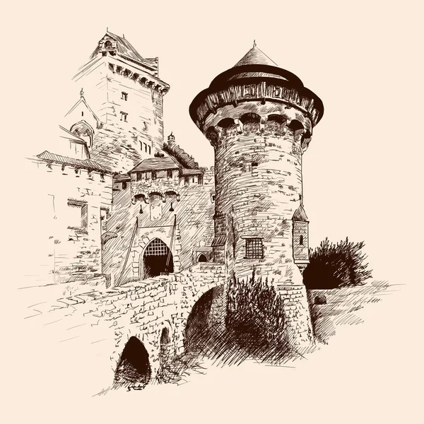 Castillo y puente medieval . — Vector de stock