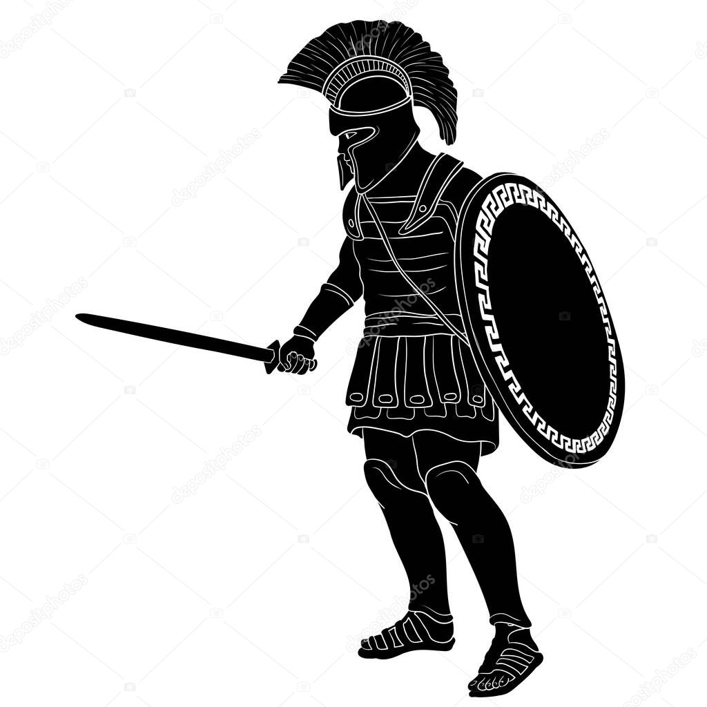 Ancient Greek warrior with a sword and shield in his hands is ready to attack. Vector illustration isolated on white background.