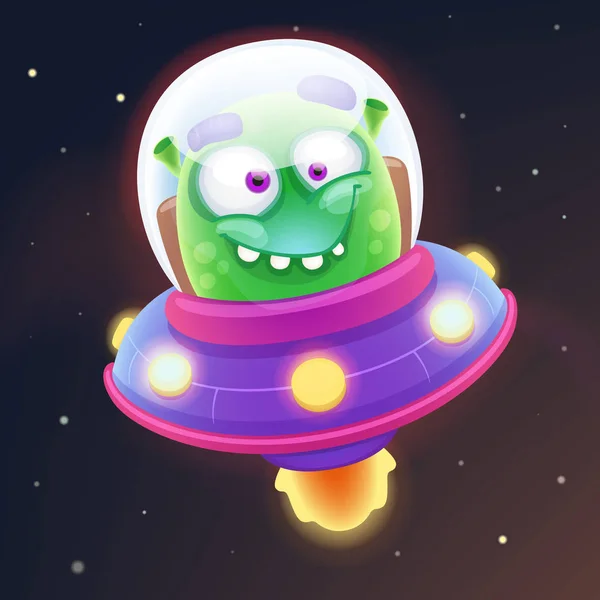 Cute Alien in flying saucer — Stock Vector