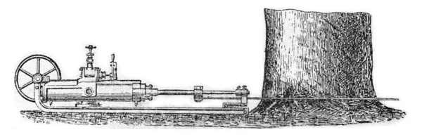 Saw the mechanical felling, vintage engraving. — Stock Photo, Image