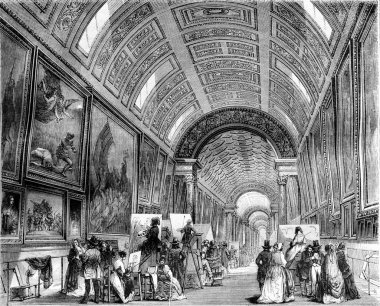 Büyük bir galeri bir gün çalışma, Louvre Musée du Louvre, vintage engravin