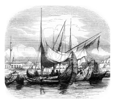 Caravels and other vessels structures, vintage engraving. clipart