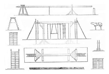 1. mat, 2. Portico, 3. Planı gantry, 4. Ağaç gövdesi, 5. Platform, 