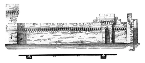 Plan and section of the city walls of Avignon, vintage engraving — Stock Photo, Image