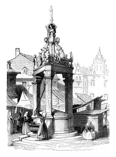 A fountain on the market square of Mainz, vintage engraving. — Stock Photo, Image
