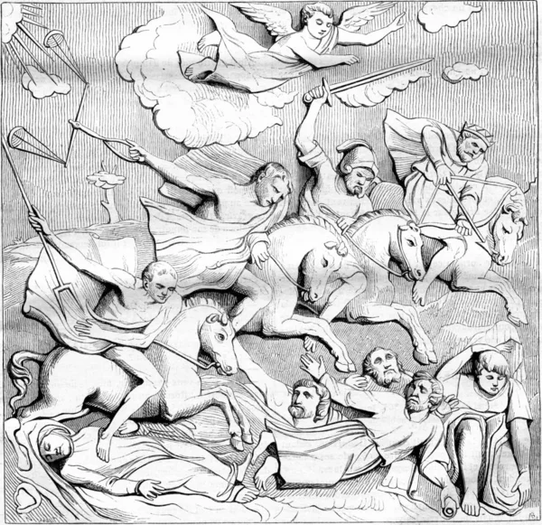 The Horsemen of the Apocalypse. Bas-relief of the tomb of Jean d — Stock Photo, Image