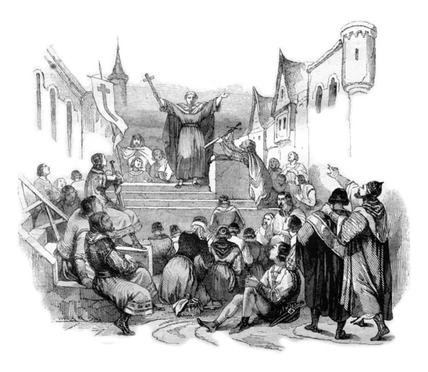 Петр Отшельник проповедовал первый крестовый поход, винтажная гравюра . — стоковое фото