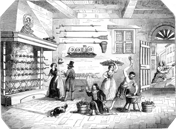 Inside a factory marinated eels, Comacchio, vintage engraving. — Stock Photo, Image