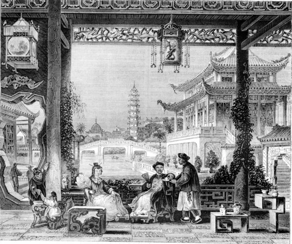 Dentro da casa de um mandarim em Pequim, gravura vintage . — Fotografia de Stock